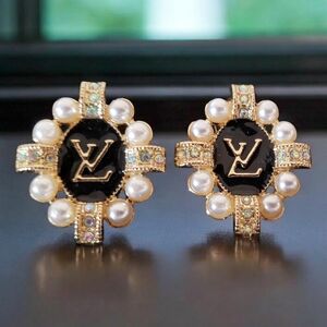 Luxury Initial Goldtone Earrings Faux Pearls Monogram Pierced Rhinestones New